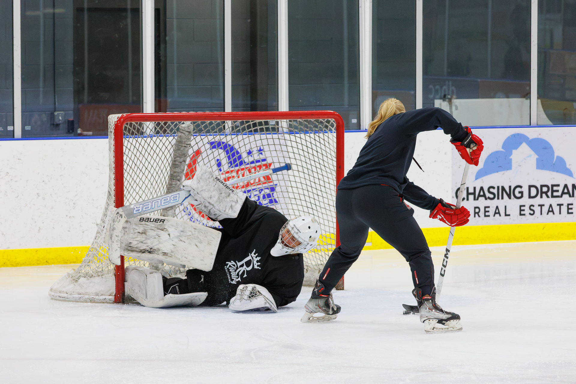 Goalie making a save during a live drill